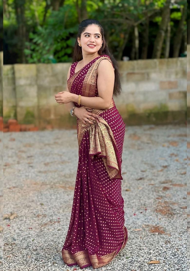 Wine Jacquard Silk Blend Saree Set - Indya