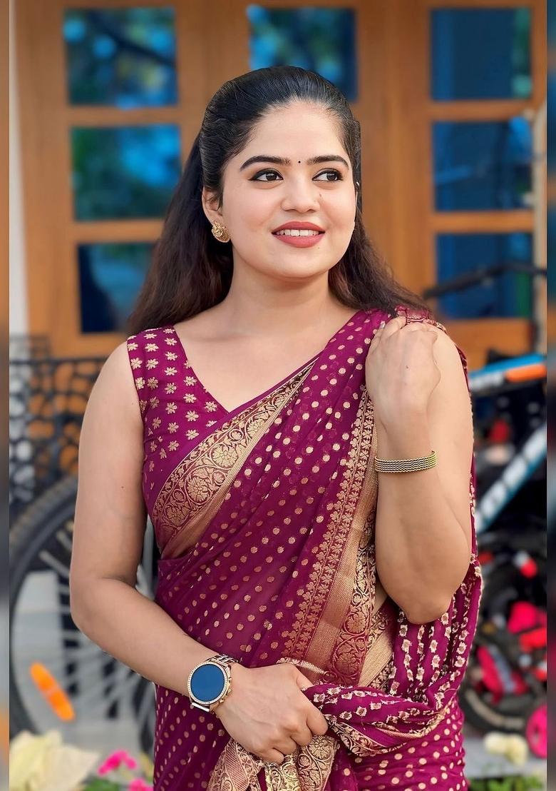 Wine Jacquard Silk Blend Saree Set - Indya