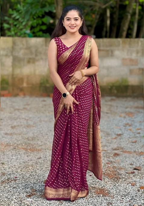Wine Jacquard Silk Blend Saree Set