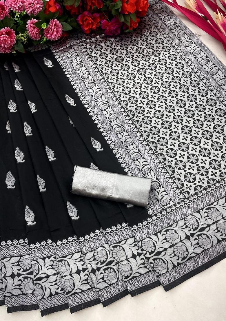 Black Jacquard Silk Blend Saree Set - Indya