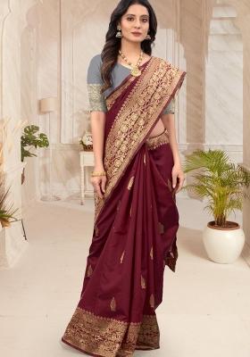 Maroon Jacquard Silk Blend Saree Set