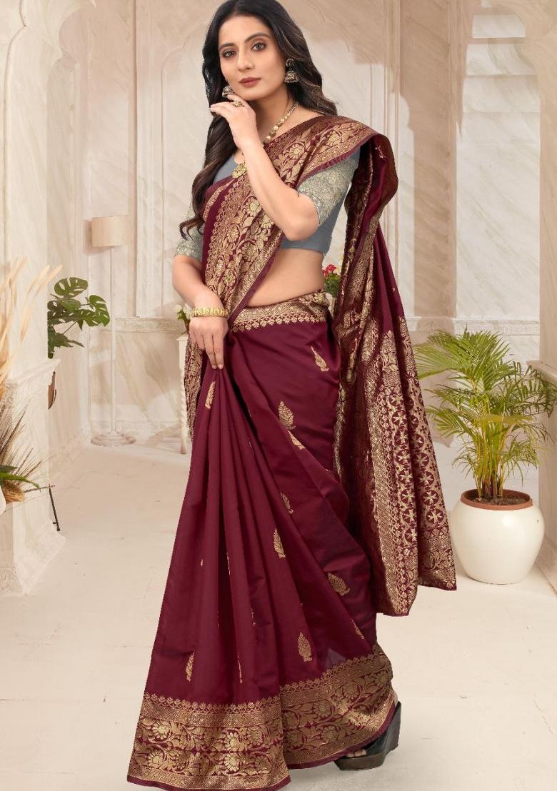 Maroon Jacquard Silk Blend Saree Set - Indya