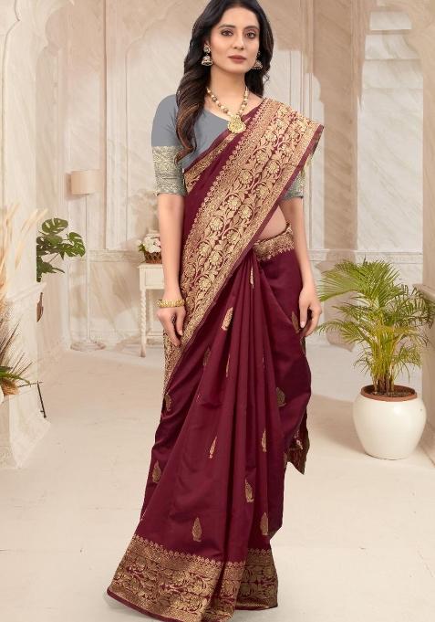 Maroon Jacquard Silk Blend Saree Set