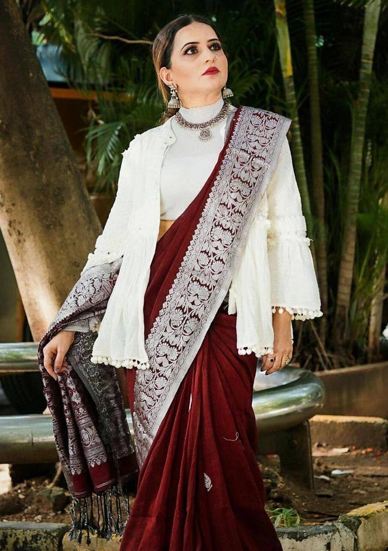 Maroon Jacquard Silk Blend Saree Set - Indya