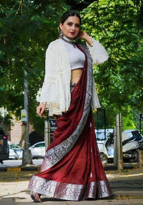 Maroon Jacquard Silk Blend Saree Set