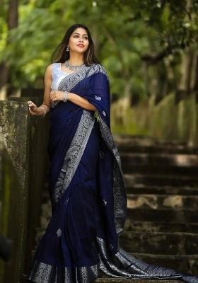 Navy Blue Jacquard Silk Blend Saree Set