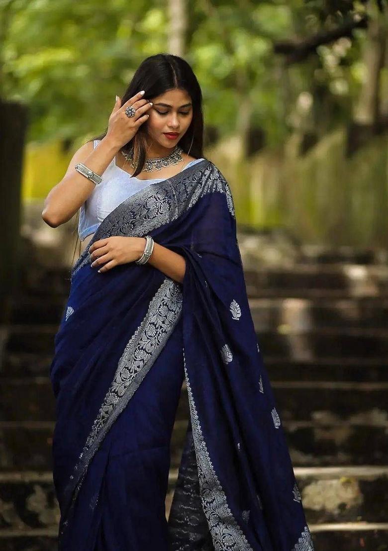 Navy Blue Jacquard Silk Blend Saree Set - Indya