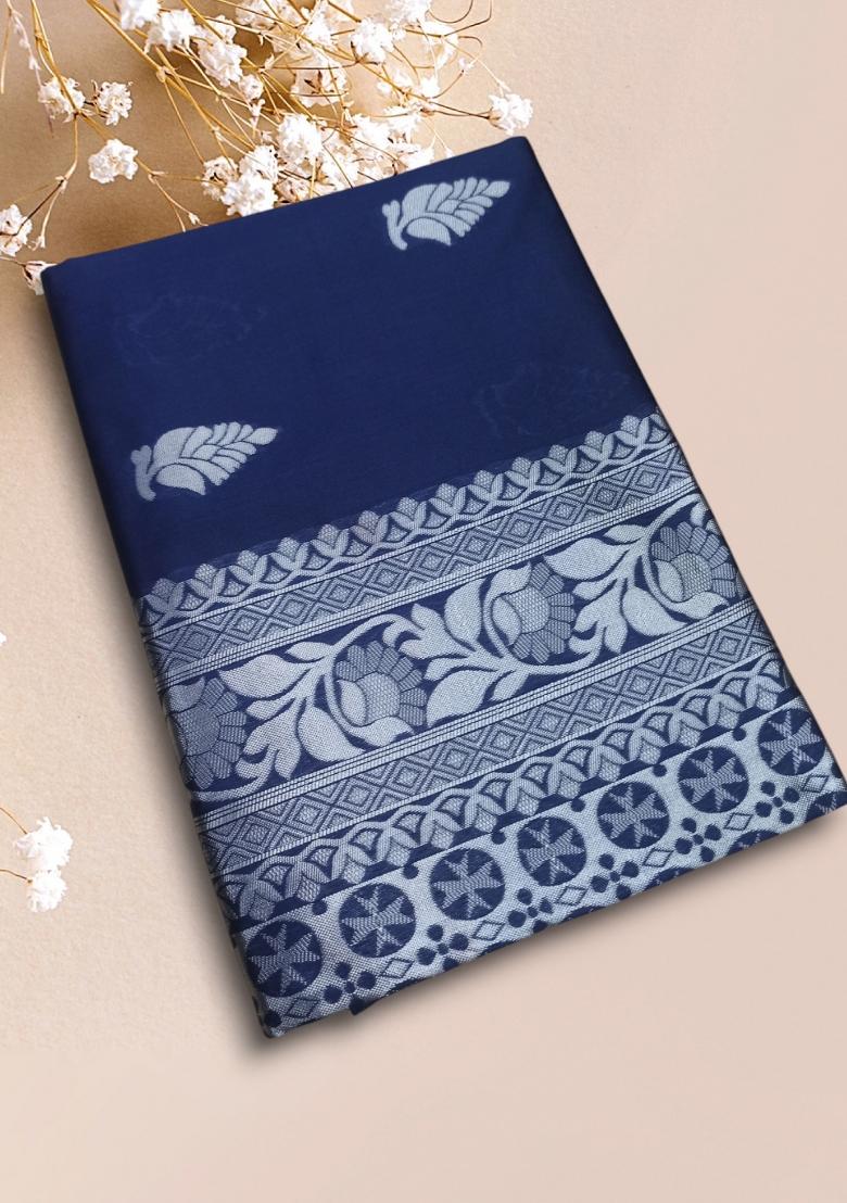Navy Blue Jacquard Silk Blend Saree Set - Indya
