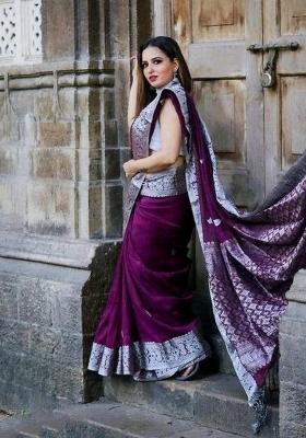 Wine Jacquard Silk Blend Saree Set