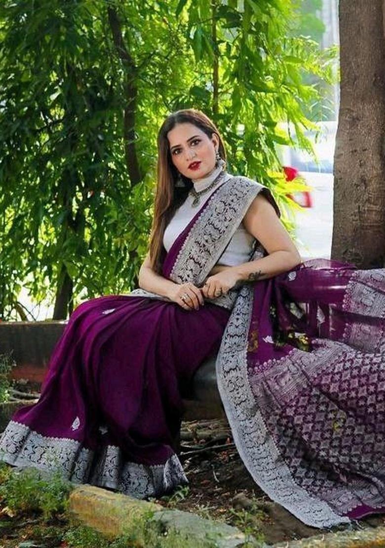 Wine Jacquard Silk Blend Saree Set - Indya