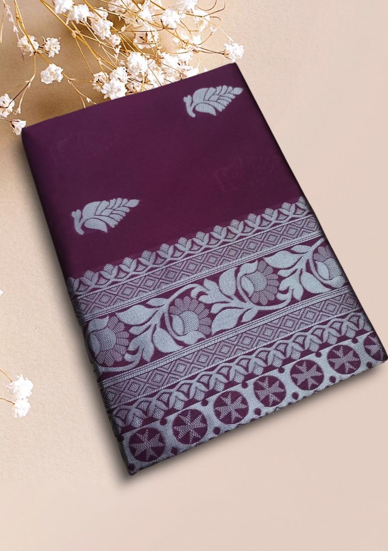 Wine Jacquard Silk Blend Saree Set - Indya