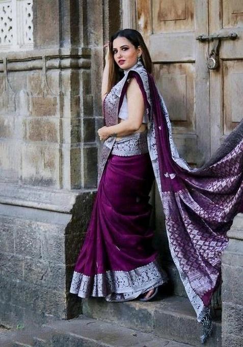 Wine Jacquard Silk Blend Saree Set
