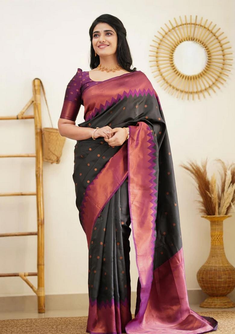 Black Jacquard Silk Blend Saree Set - Indya