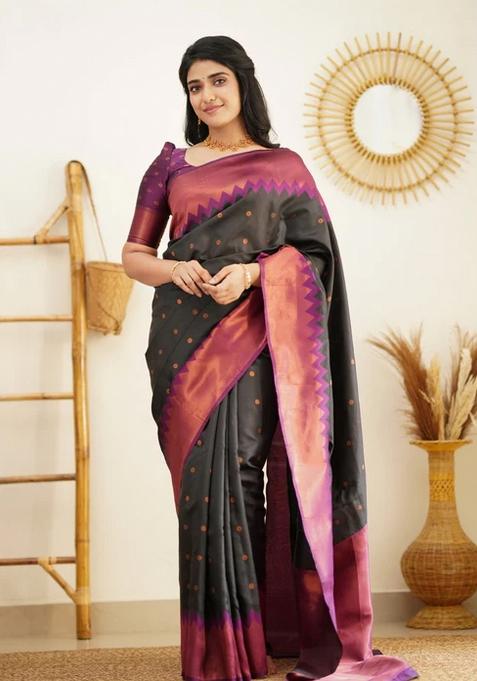 Black Jacquard Silk Saree Set