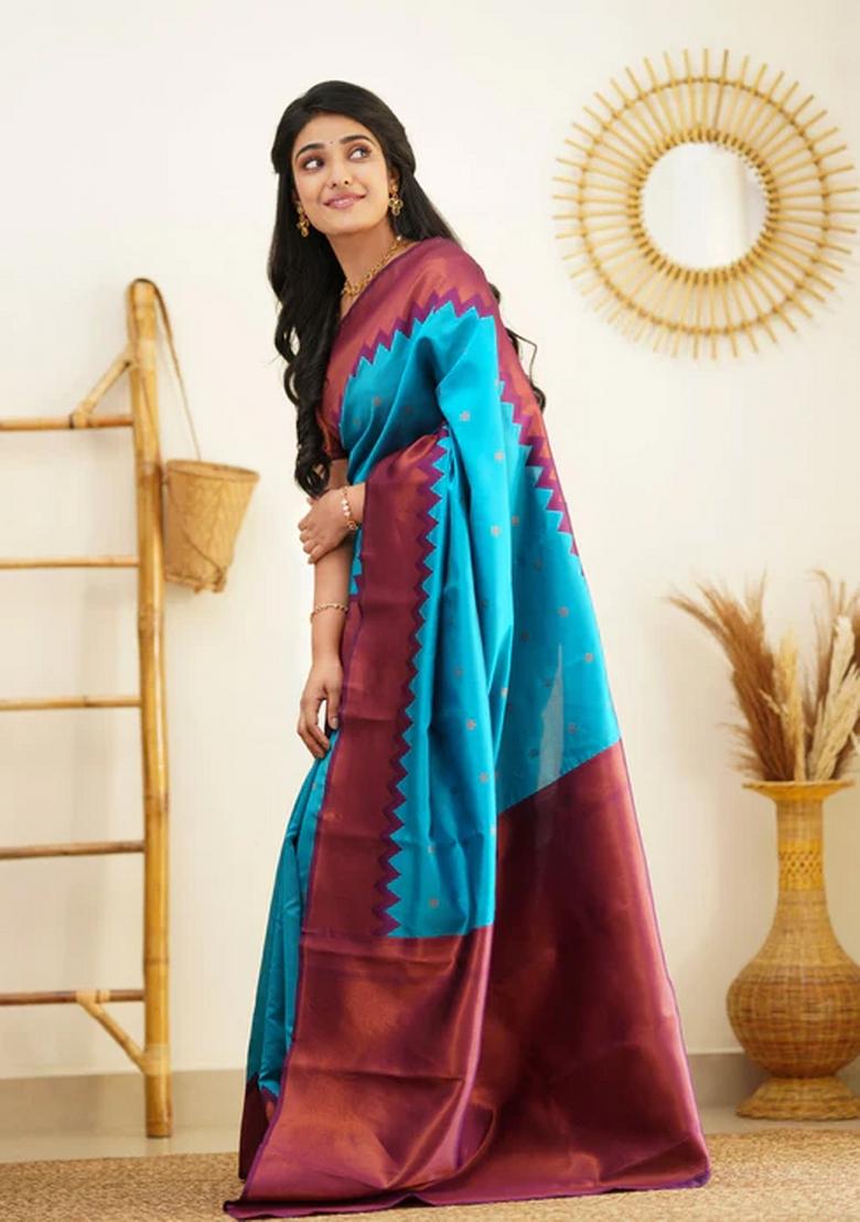 Firozi Jacquard Silk Blend Saree Set - Indya