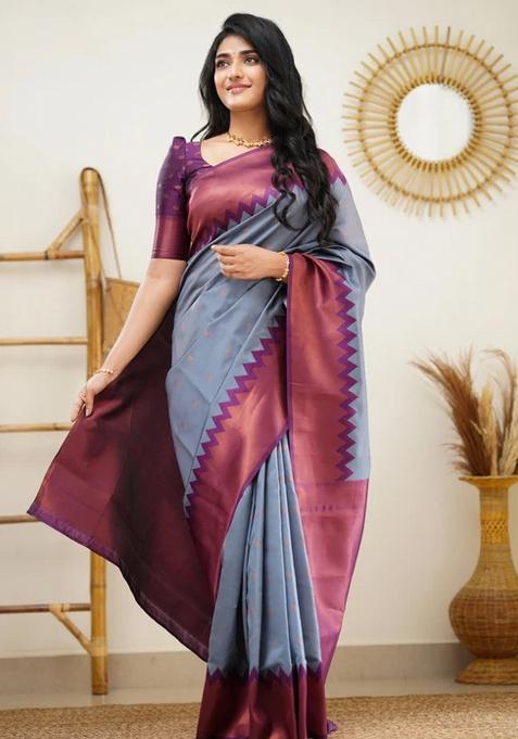 Grey Jacquard Silk Blend Saree Set