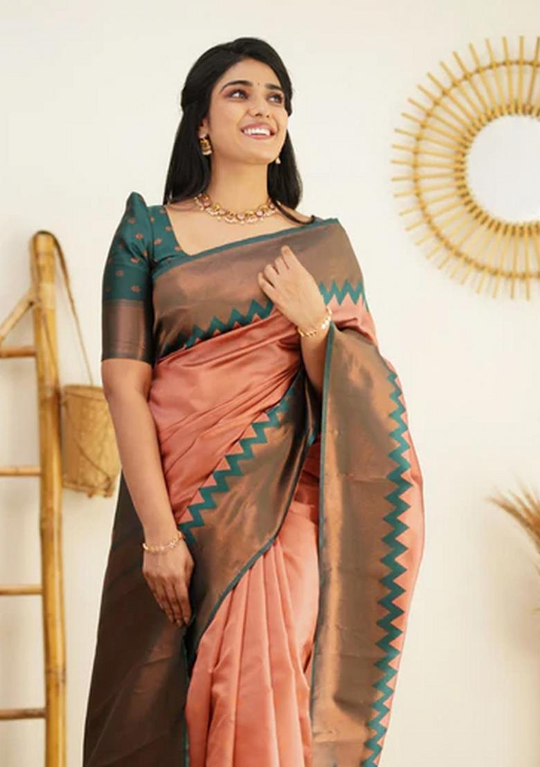 Light Pink Jacquard Silk Blend Saree Set - Indya