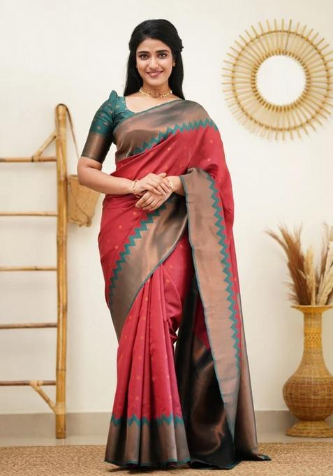 Maroon Jacquard Silk Blend Saree Set