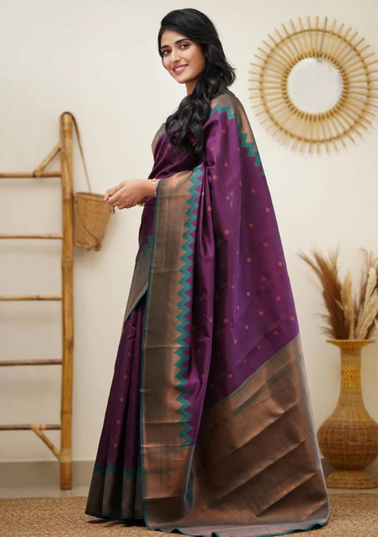 Wine Jacquard Silk Blend Saree Set - Indya