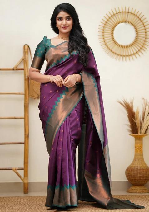 Wine Jacquard Silk Blend Saree Set