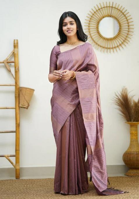 Light Pink Jacquard Silk Blend Saree Set