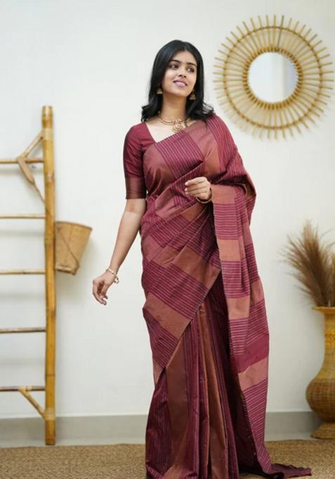 Maroon Jacquard Silk Blend Saree Set