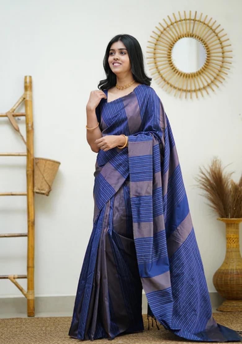 Navy Blue Jacquard Silk Blend Saree Set - Indya