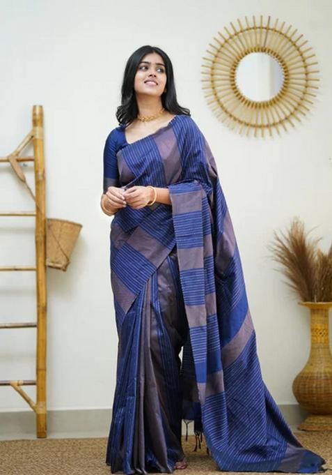 Navy Blue Jacquard Silk Blend Saree Set