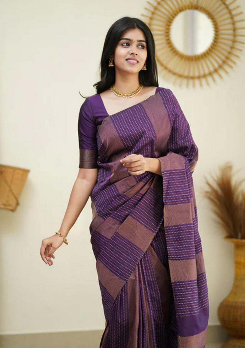 Purple Jacquard Silk Blend Saree Set - Indya