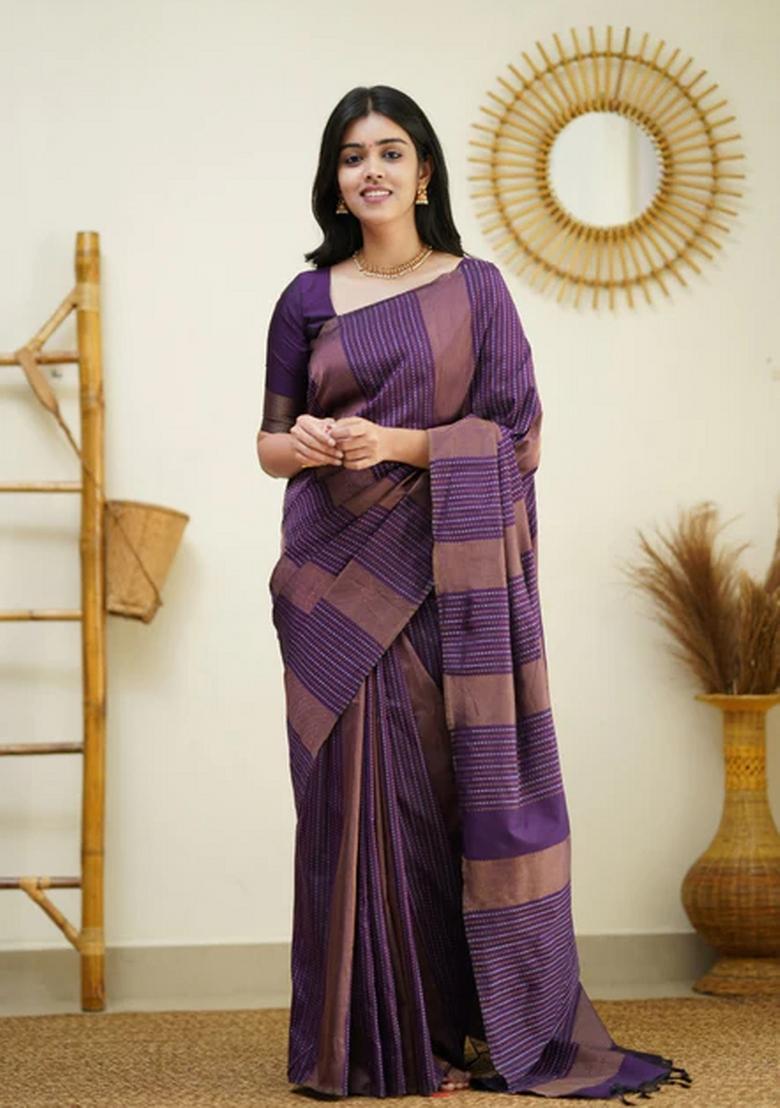 Purple Jacquard Silk Blend Saree Set - Indya