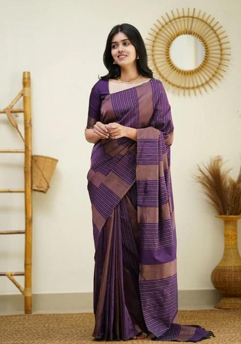 Purple Jacquard Silk Saree Set