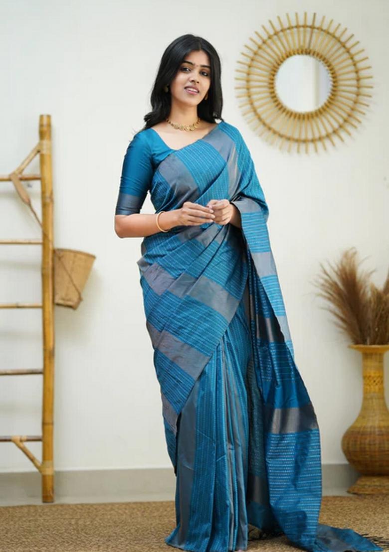 Sky Blue Jacquard Silk Blend Saree Set - Indya