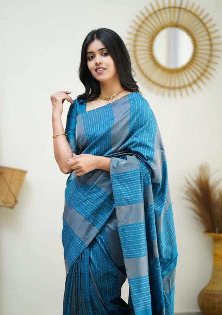 Sky Blue Jacquard Silk Blend Saree Set - Indya