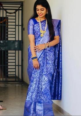 Royal Blue Jacquard Silk Blend Saree Set