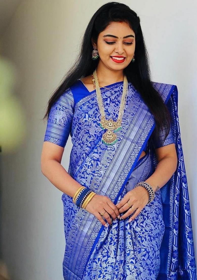 Royal Blue Jacquard Silk Blend Saree Set - Indya