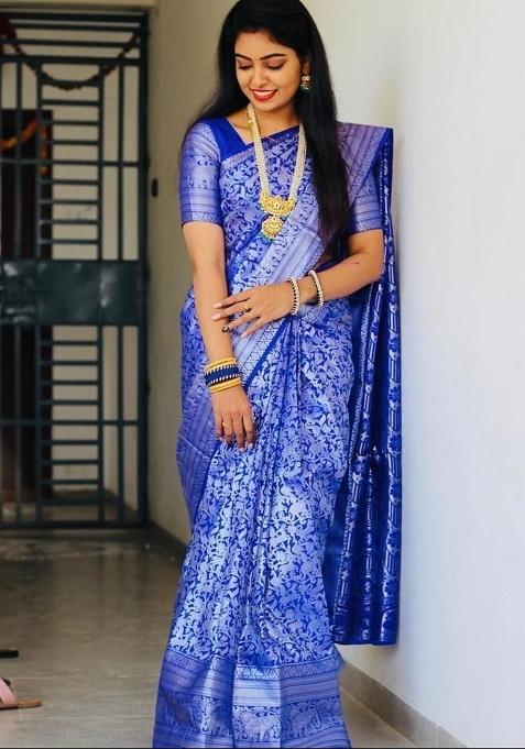 Royal Blue Jacquard Silk Saree Set