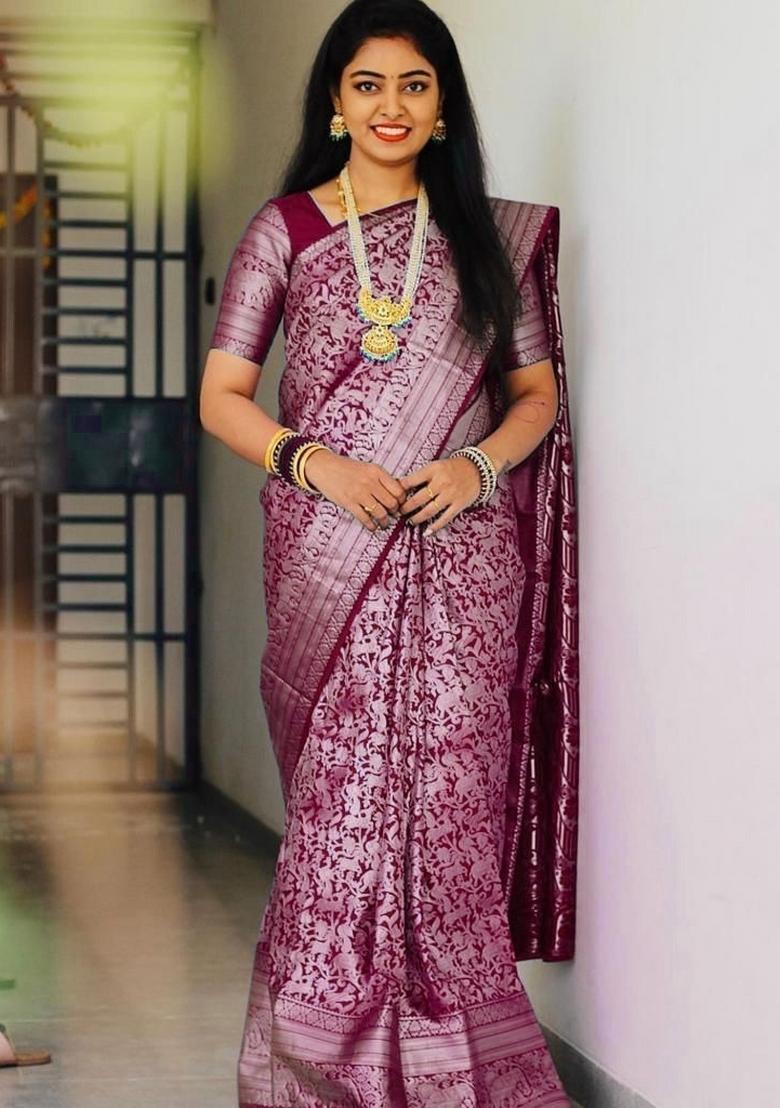 Wine Jacquard Silk Blend Saree Set - Indya