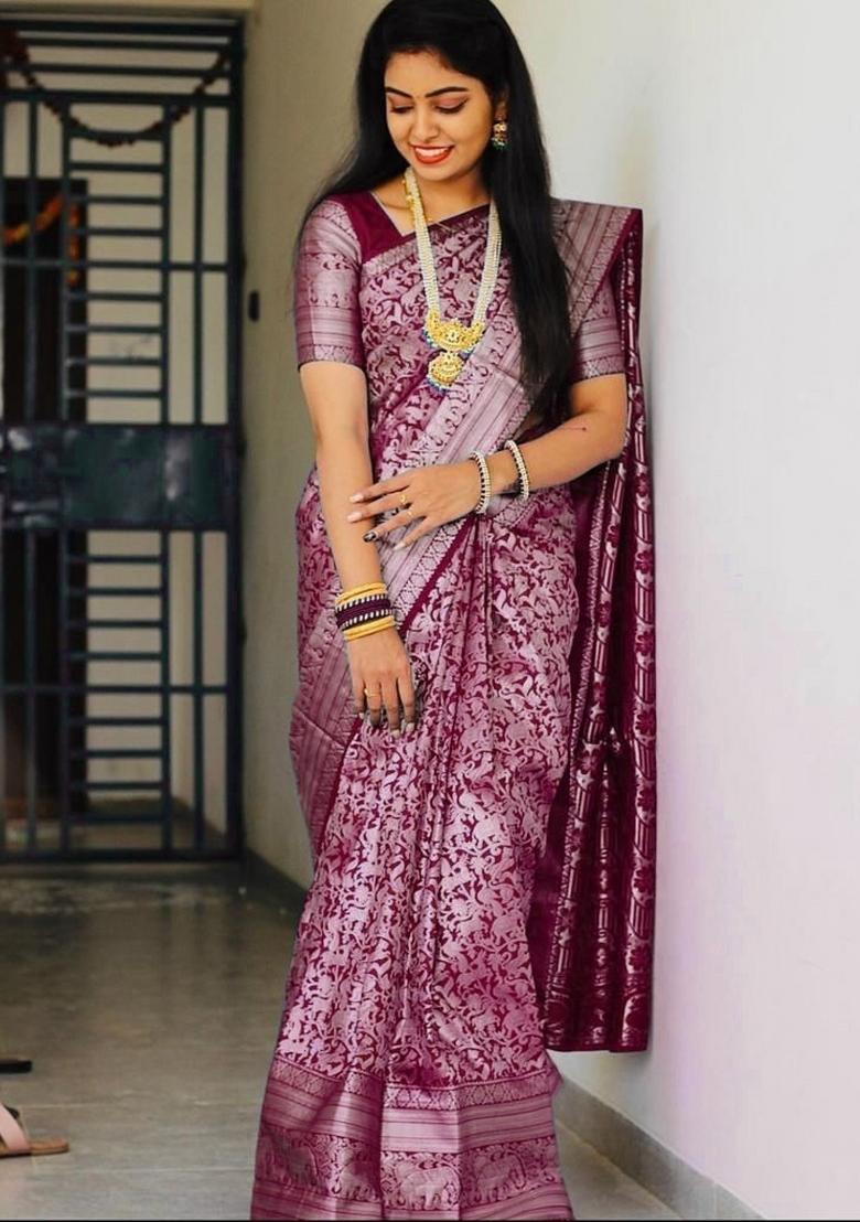Wine Jacquard Silk Blend Saree Set - Indya