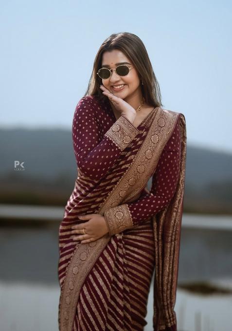 Maroon Jacquard Silk Blend Saree Set