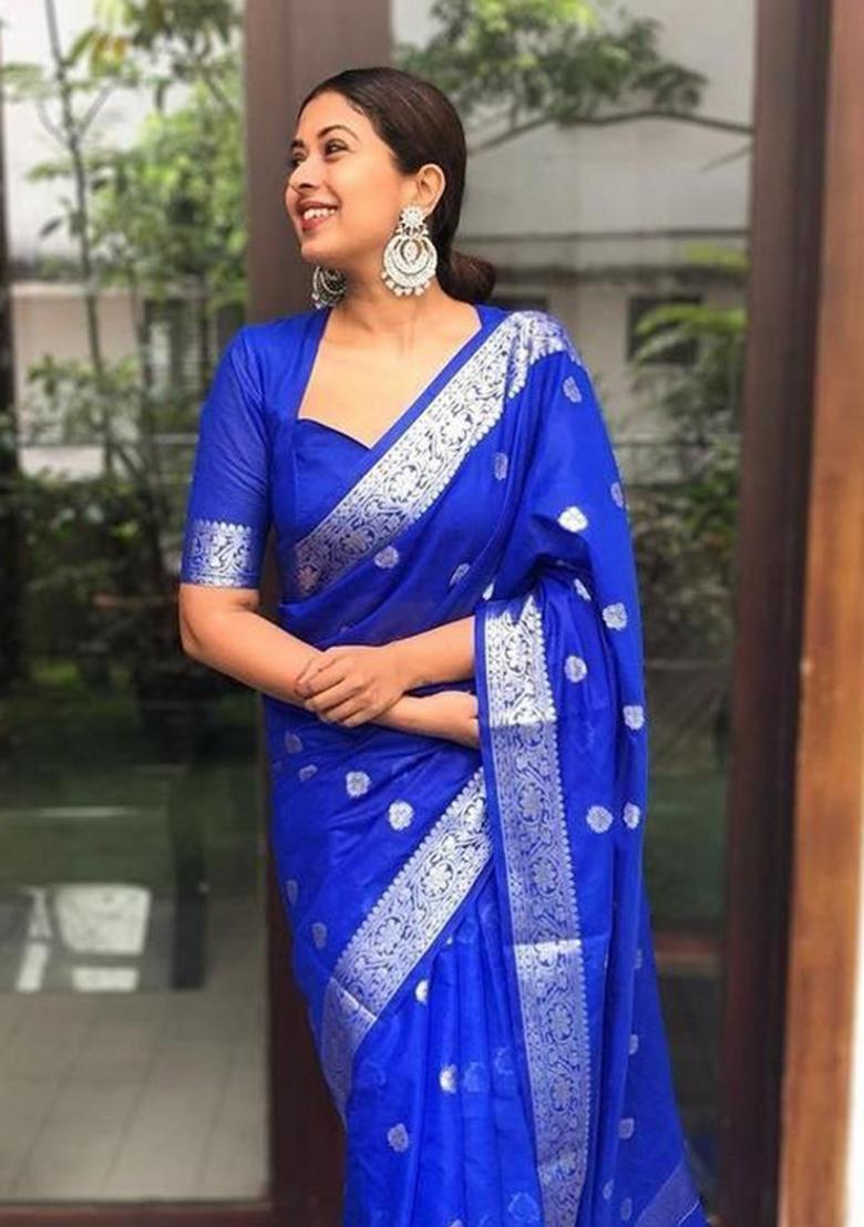 Royal Blue Jacquard Silk Blend Saree Set - Indya