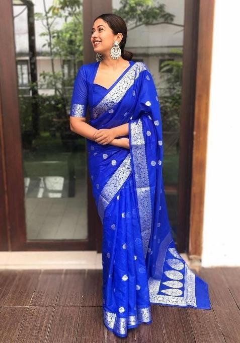 Royal Blue Jacquard Silk Blend Saree Set