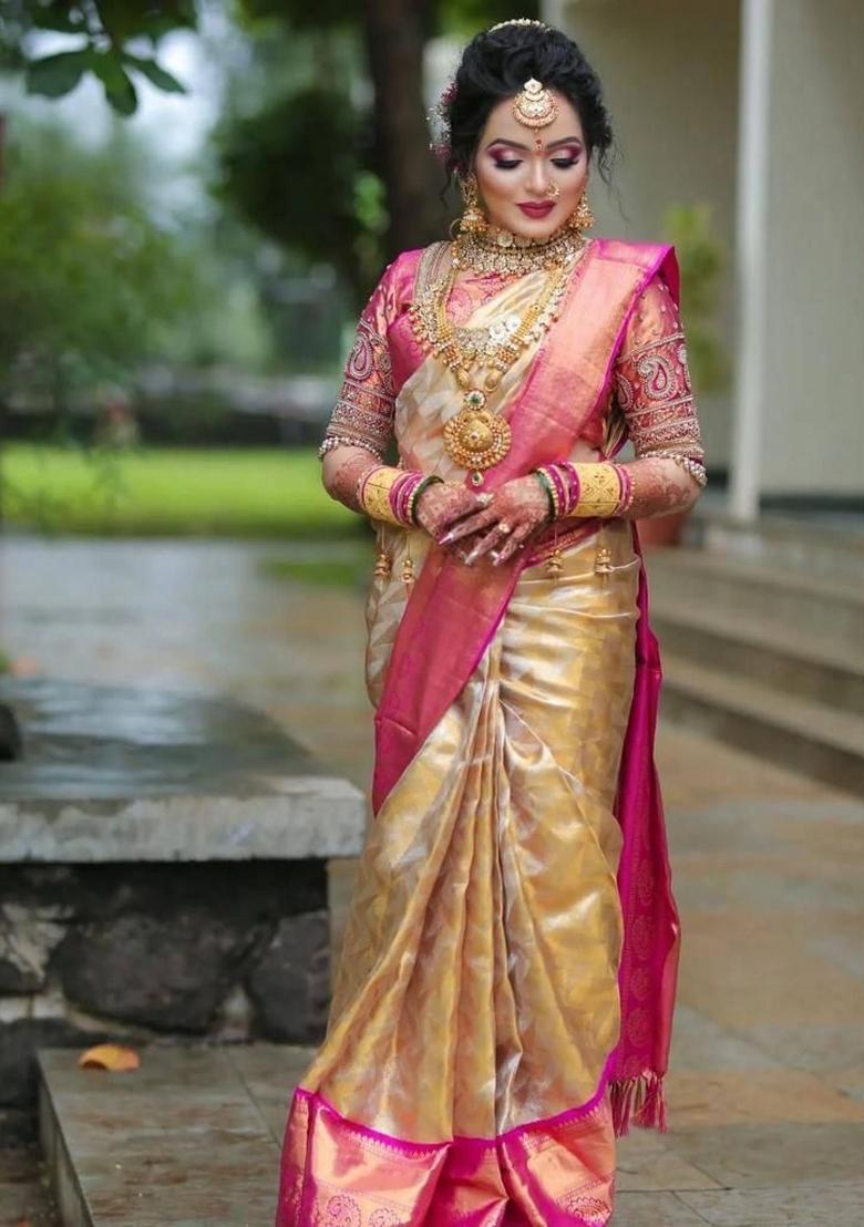 Cream Jacquard Silk Blend Saree Set - Indya