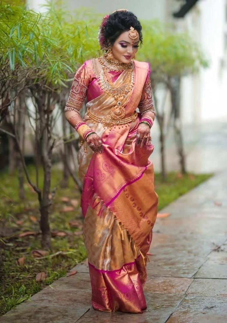 Cream Jacquard Silk Blend Saree Set - Indya