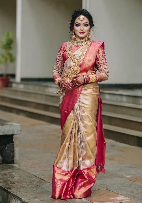 Cream Jacquard Silk Saree Set