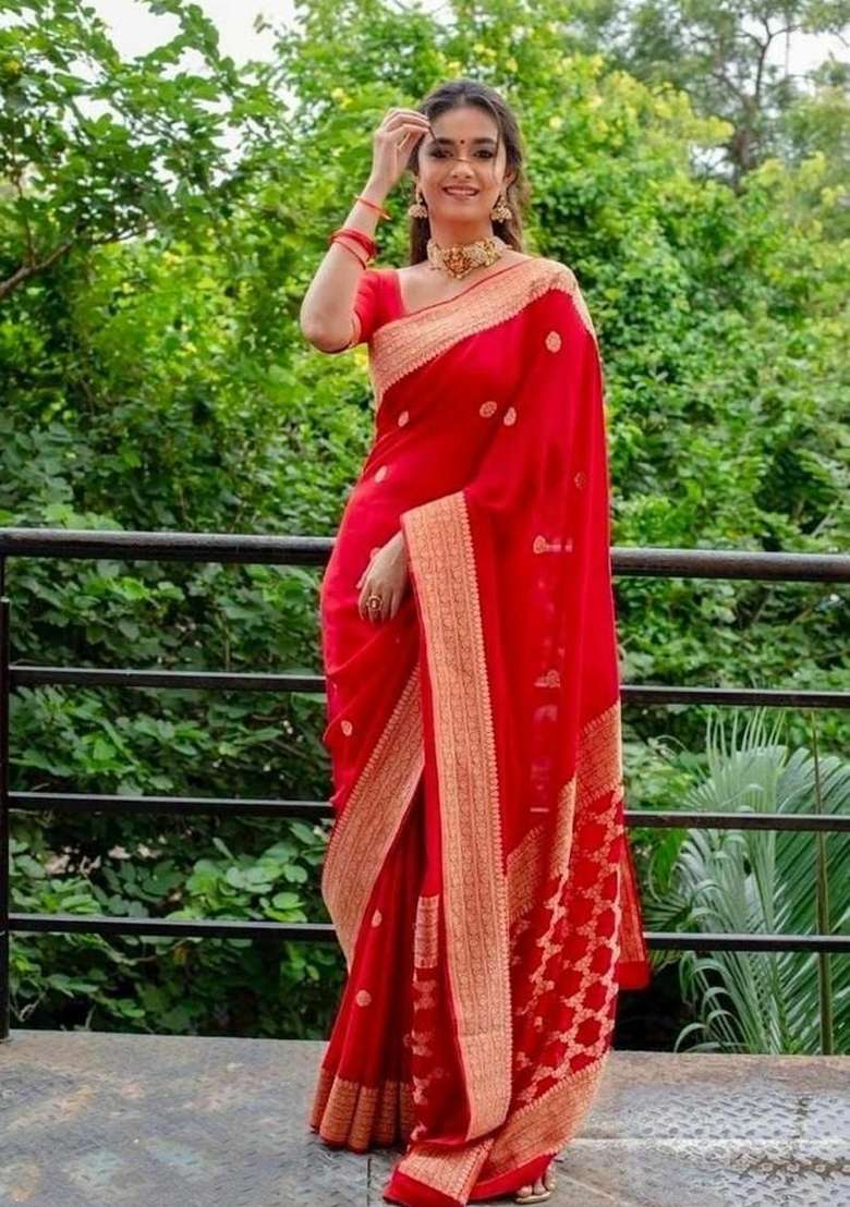 Red Jacquard Silk Blend Saree Set - Indya