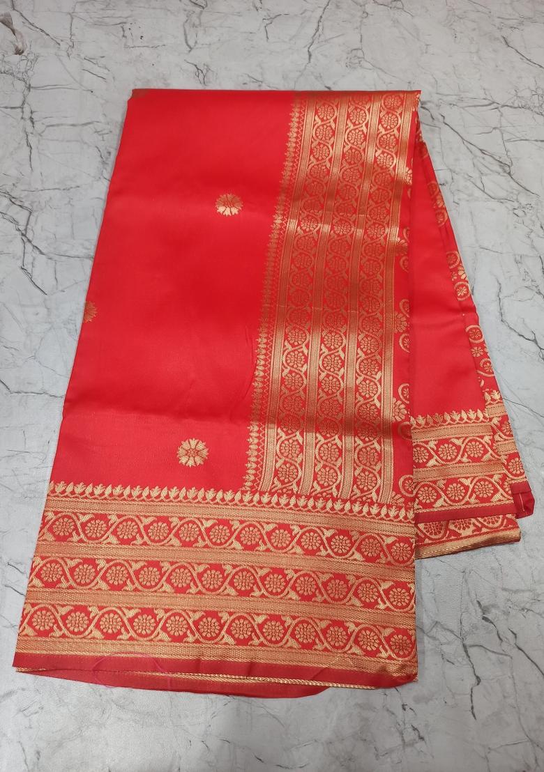 Red Jacquard Silk Blend Saree Set - Indya
