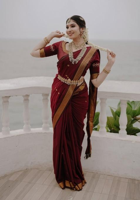 Maroon Jacquard Silk Blend Saree Set