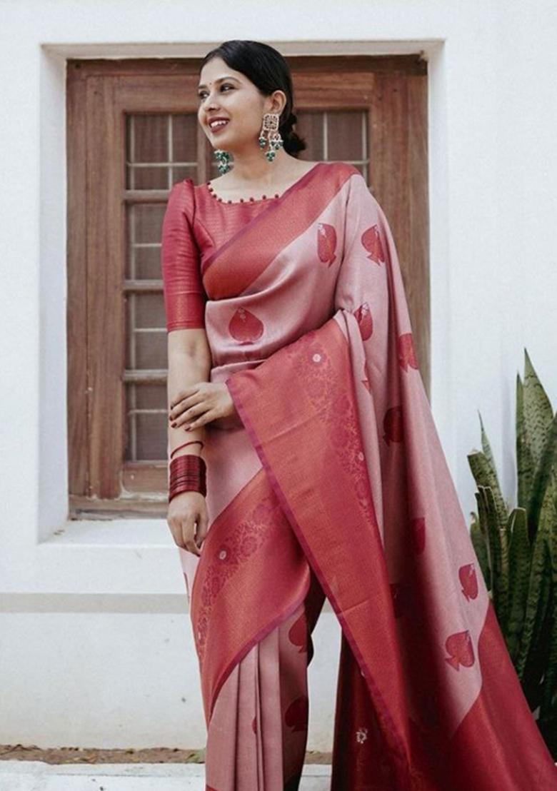 Red Jacquard Silk Blend Saree Set - Indya