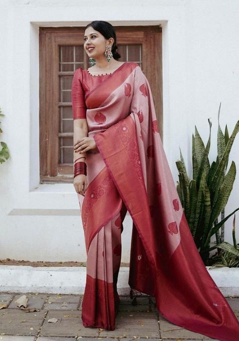 Red Jacquard Silk Blend Saree Set