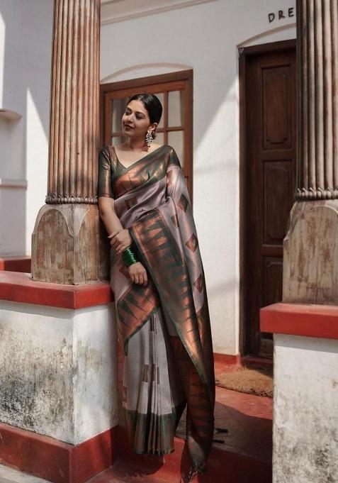Grey Jacquard Silk Blend Saree Set